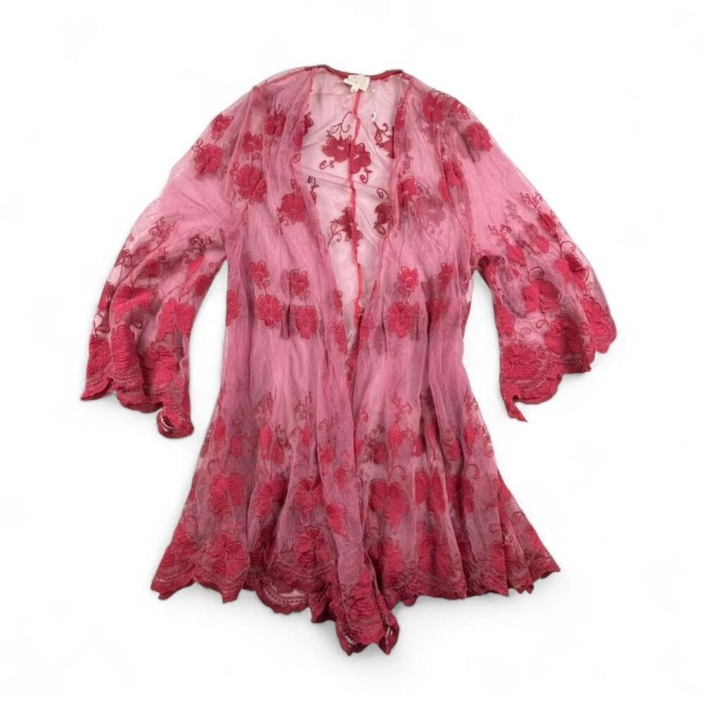 Pink Sheer Lace Kimono Womens L Floral Fairycore Coquette Boho Festival